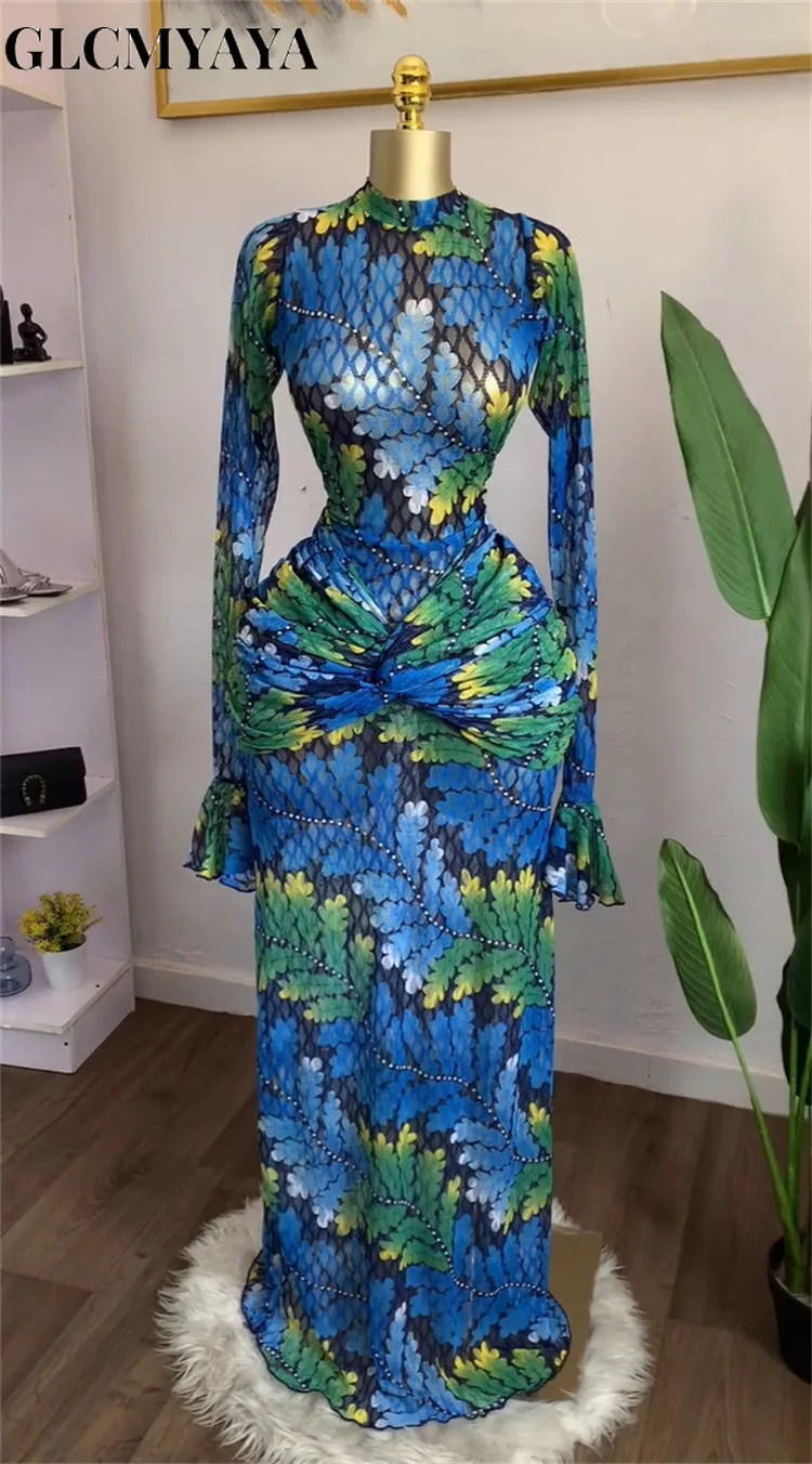 CM.YAYA Women Full Sleeve Leaf Print Stacked Bodycon Long Dress 2025 Fall Evening Birthday Night Party Vestidos Sexy Dresses