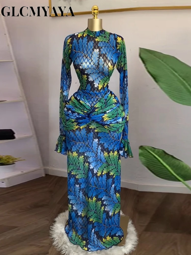 CM.YAYA Women Full Sleeve Leaf Print Stacked Bodycon Long Dress 2025 Fall Evening Birthday Night Party Vestidos Sexy Dresses