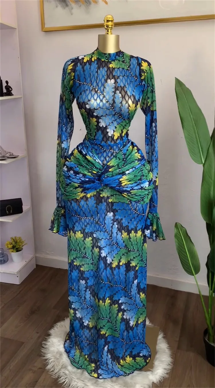 CM.YAYA Women Full Sleeve Leaf Print Stacked Bodycon Long Dress 2025 Fall Evening Birthday Night Party Vestidos Sexy Dresses