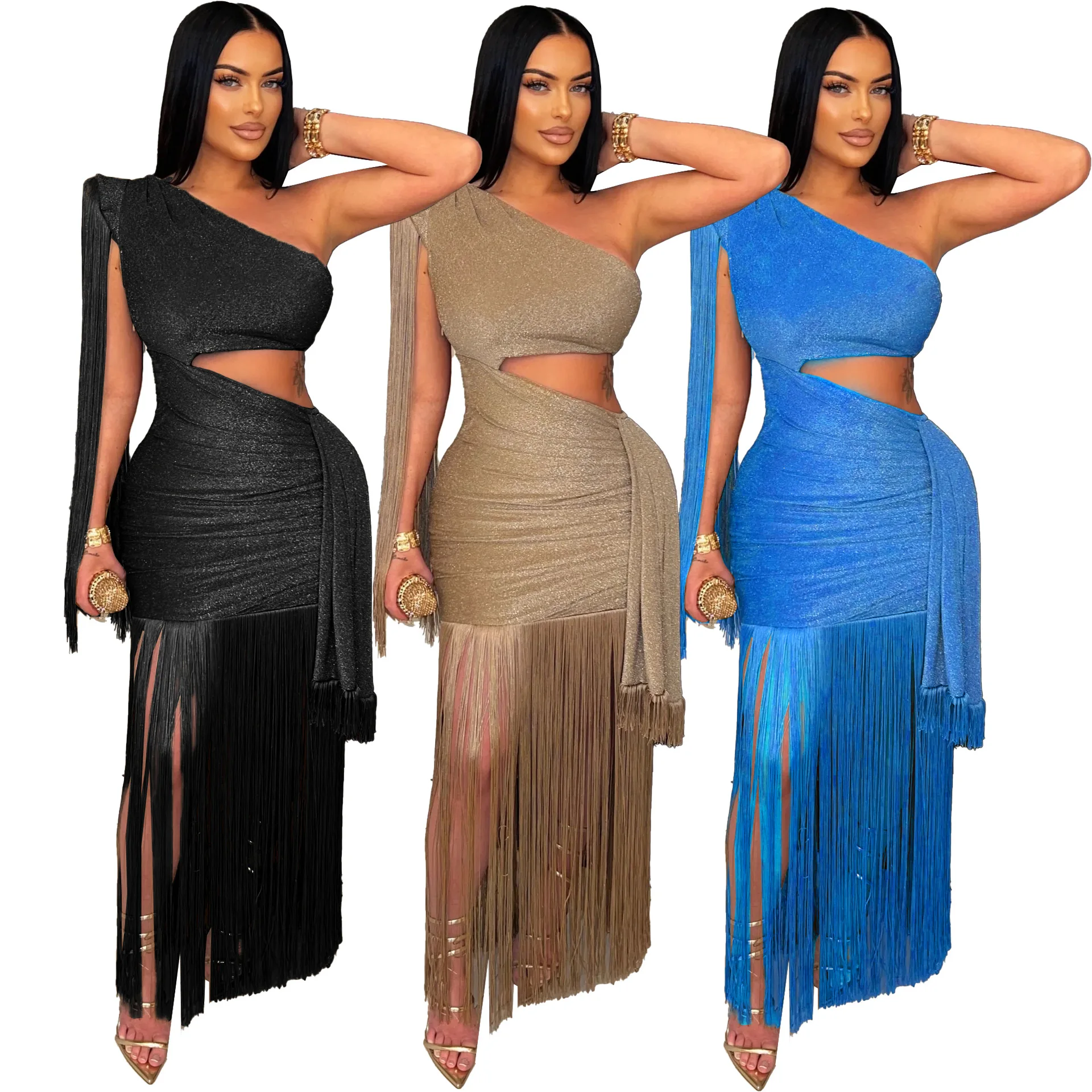 CM.YAYA Women One Shoulder Tassel Sleeveless Long Dress Diagonal Collar Summer Street Evening Sexy Night Party Dresses Vestidos