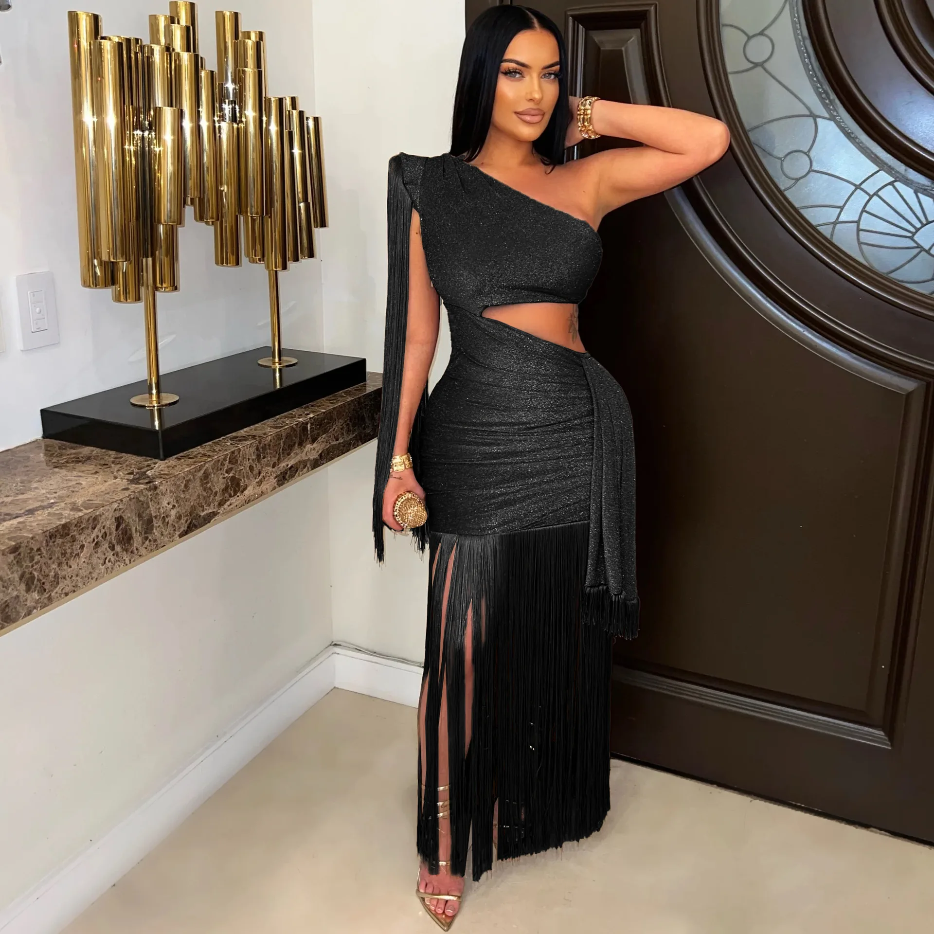 CM.YAYA Women One Shoulder Tassel Sleeveless Long Dress Diagonal Collar Summer Street Evening Sexy Night Party Dresses Vestidos