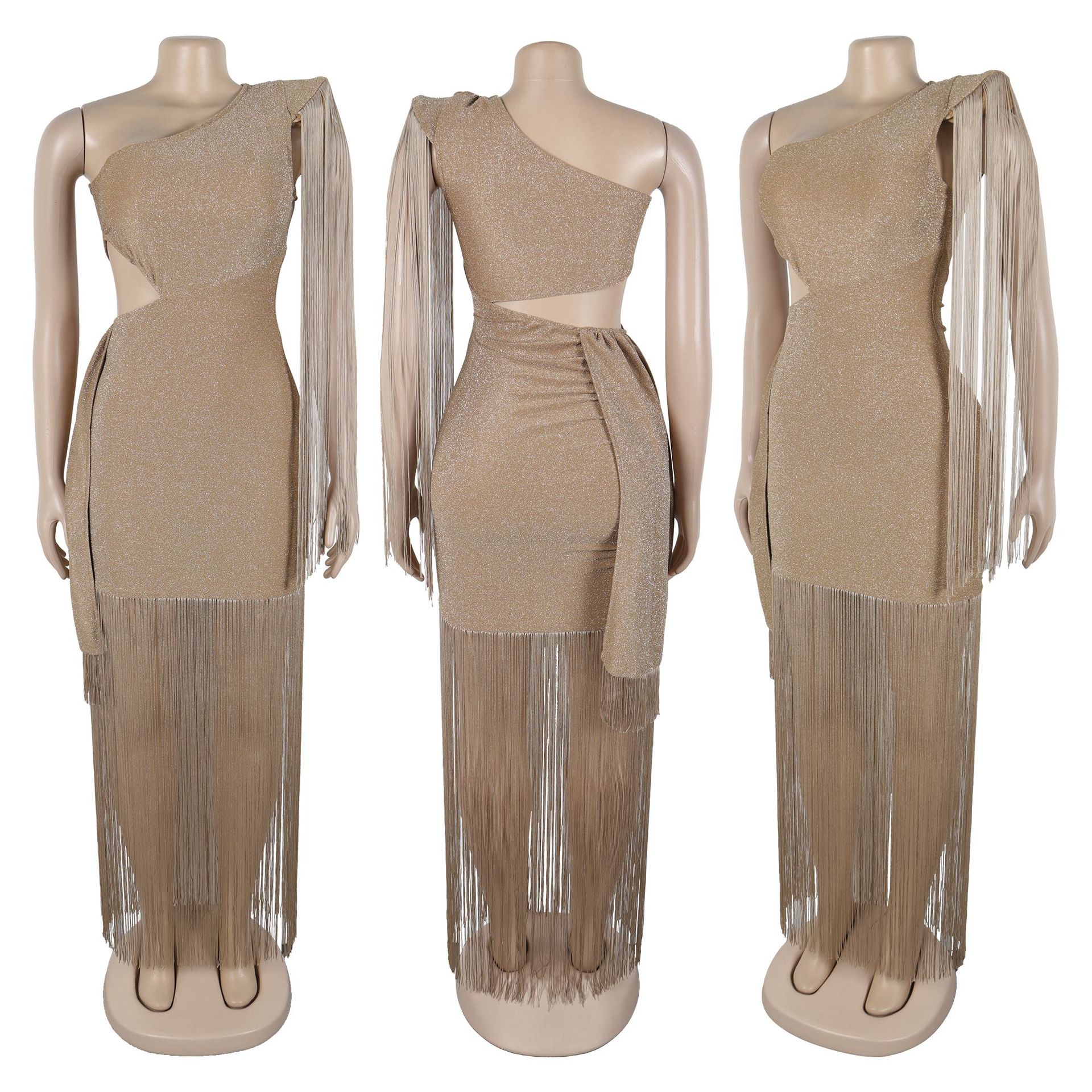 CM.YAYA Women One Shoulder Tassel Sleeveless Long Dress Diagonal Collar Summer Street Evening Sexy Night Party Dresses Vestidos