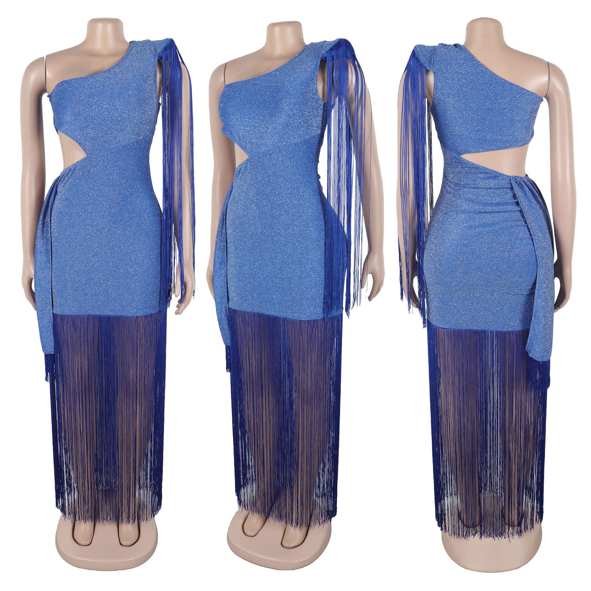 CM.YAYA Women One Shoulder Tassel Sleeveless Long Dress Diagonal Collar Summer Street Evening Sexy Night Party Dresses Vestidos