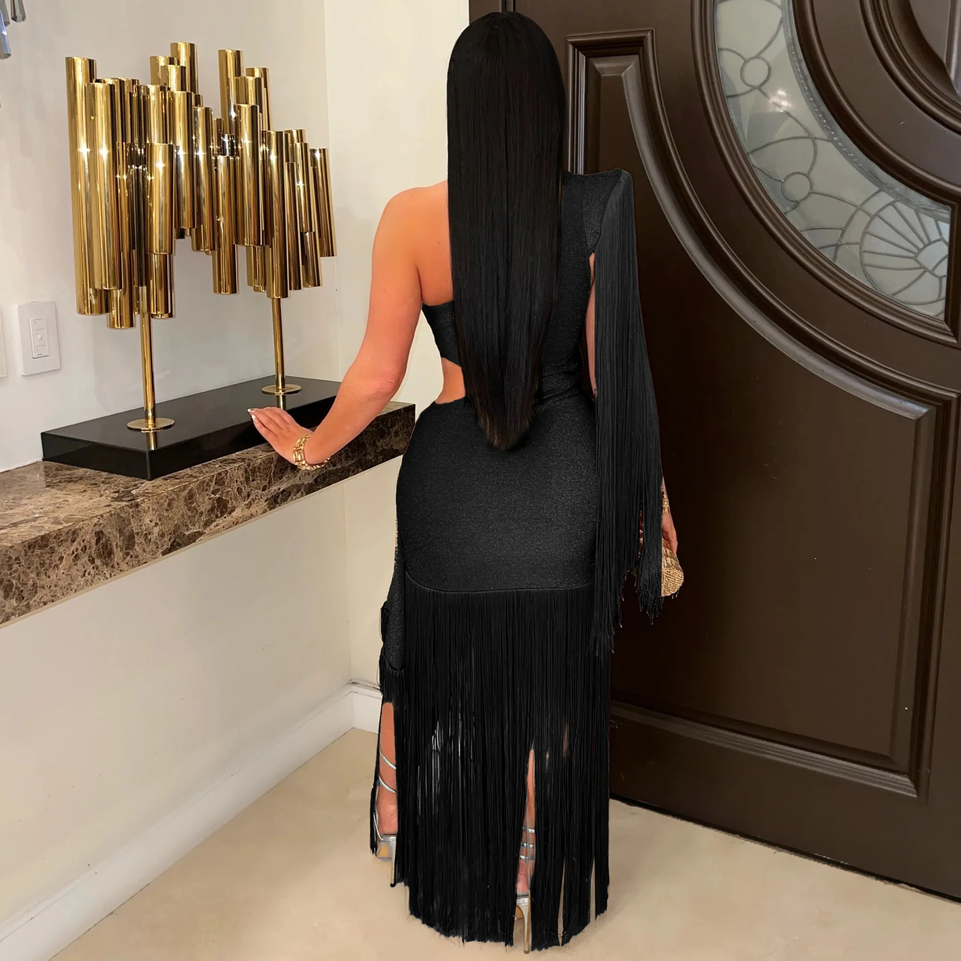 CM.YAYA Women One Shoulder Tassel Sleeveless Long Dress Diagonal Collar Summer Street Evening Sexy Night Party Dresses Vestidos