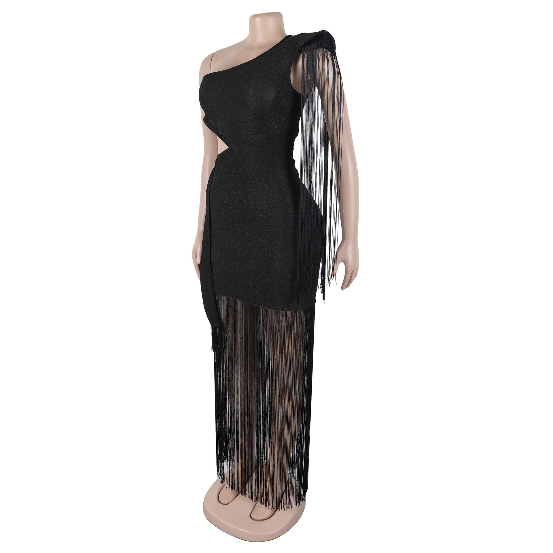 CM.YAYA Women One Shoulder Tassel Sleeveless Long Dress Diagonal Collar Summer Street Evening Sexy Night Party Dresses Vestidos