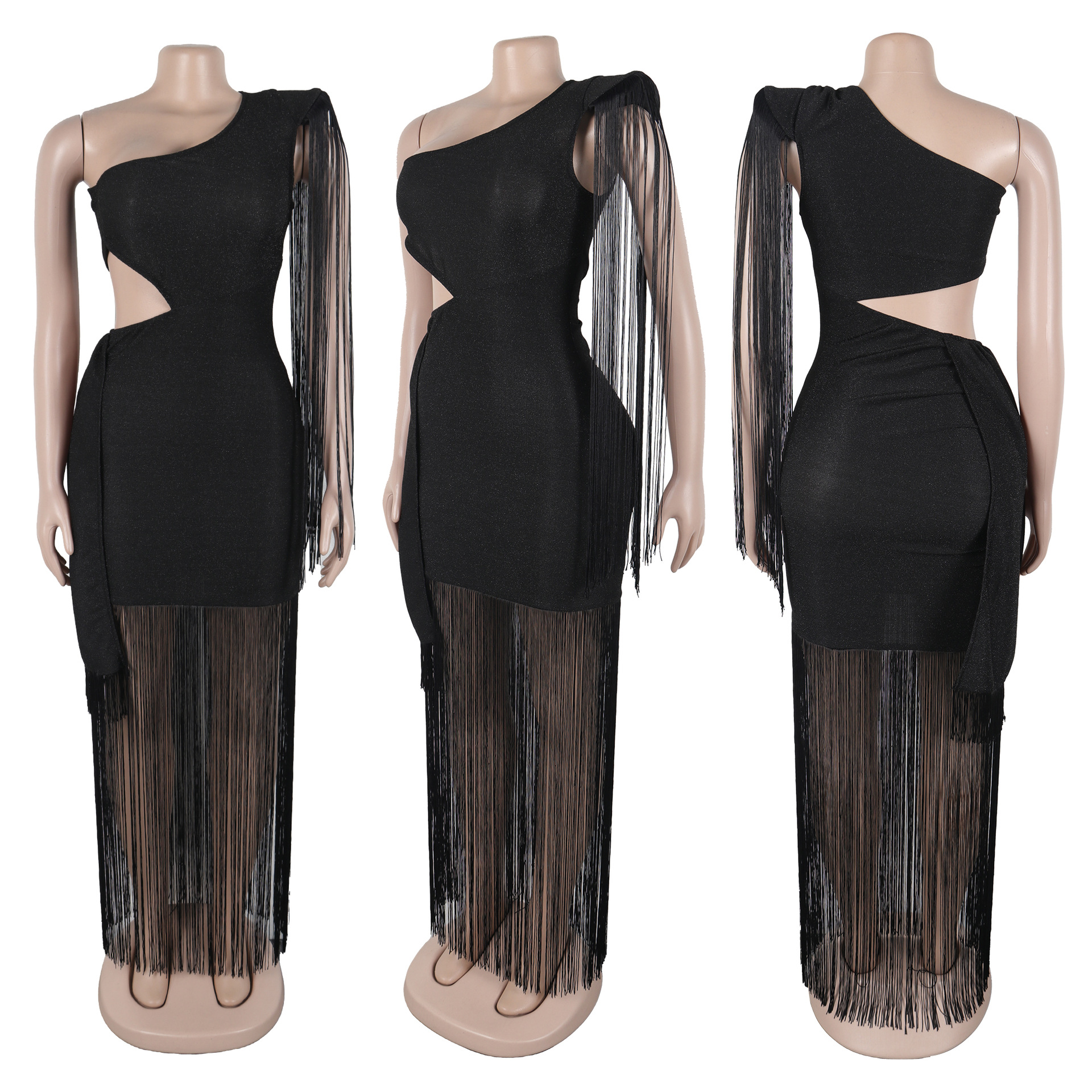 CM.YAYA Women One Shoulder Tassel Sleeveless Long Dress Diagonal Collar Summer Street Evening Sexy Night Party Dresses Vestidos