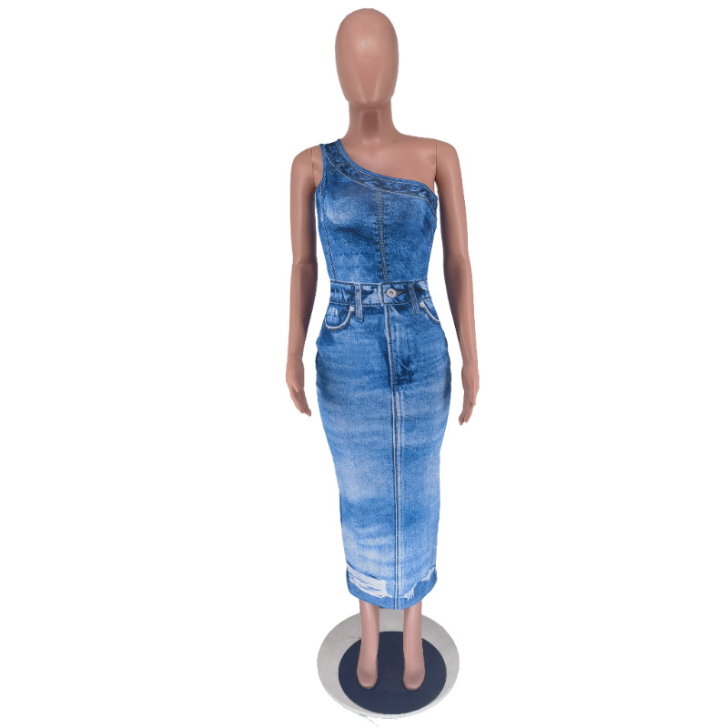 CM.YAYA Women Fake Jean 3D Printed One Shoulder Sleeveless Bodycon Midi Maxi Dress 2024 Club Sexy Party Long Dresses Vestido