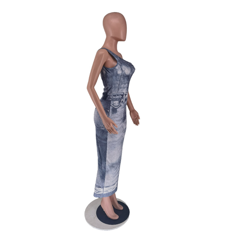 CM.YAYA Women Fake Jean 3D Printed One Shoulder Sleeveless Bodycon Midi Maxi Dress 2024 Club Sexy Party Long Dresses Vestido