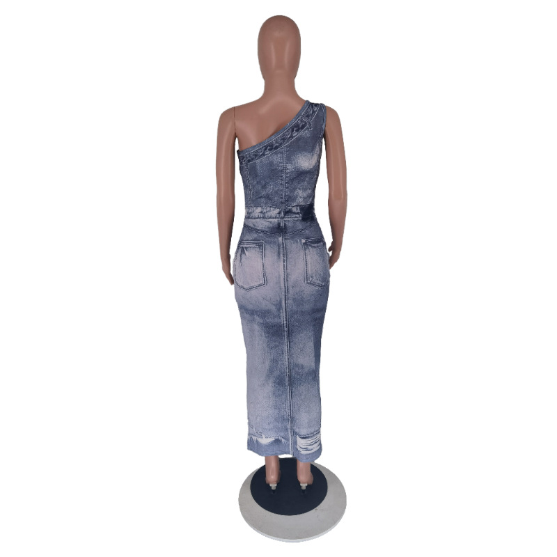 CM.YAYA Women Fake Jean 3D Printed One Shoulder Sleeveless Bodycon Midi Maxi Dress 2024 Club Sexy Party Long Dresses Vestido