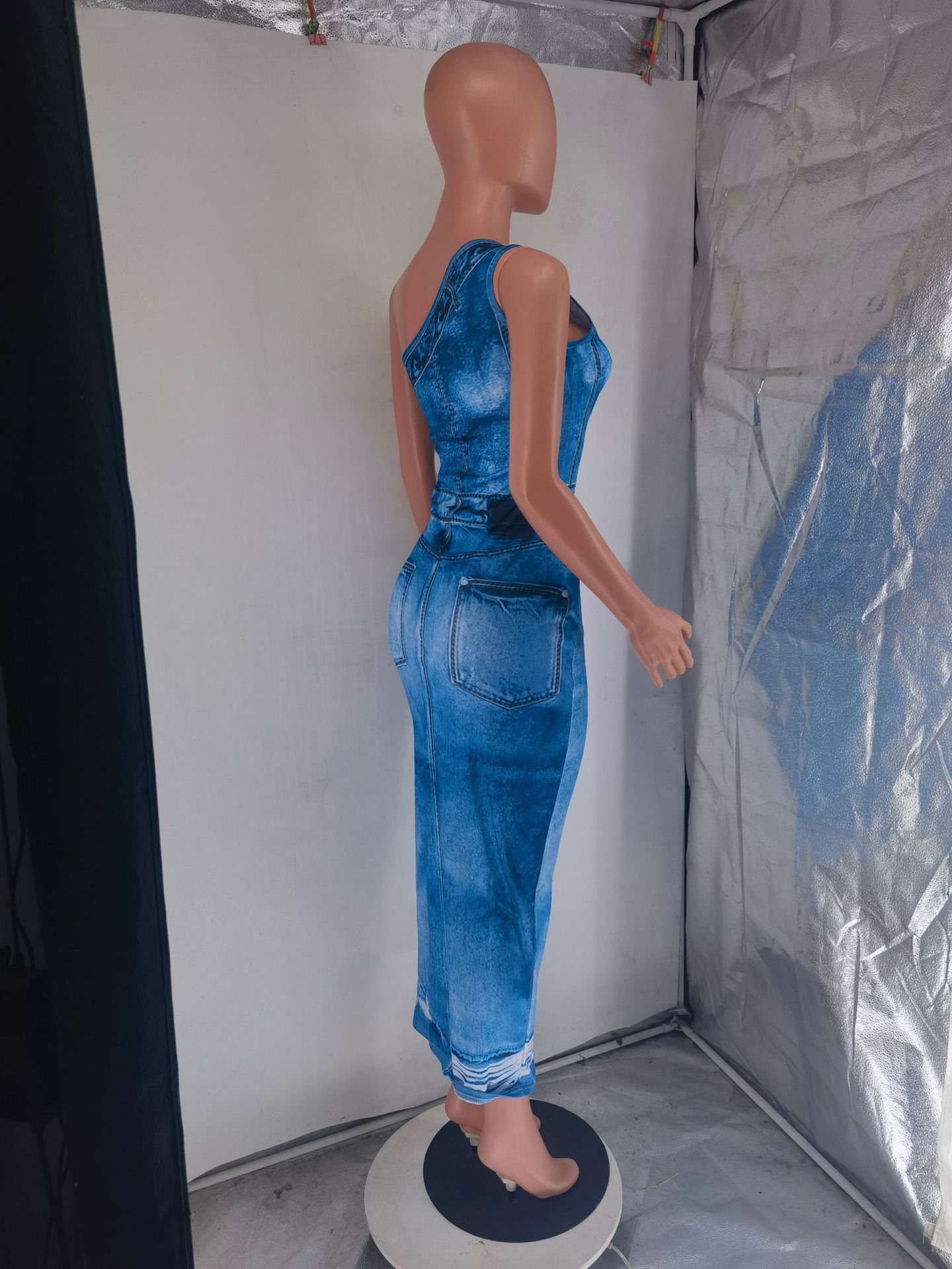 CM.YAYA Women Fake Jean 3D Printed One Shoulder Sleeveless Bodycon Midi Maxi Dress 2024 Club Sexy Party Long Dresses Vestido