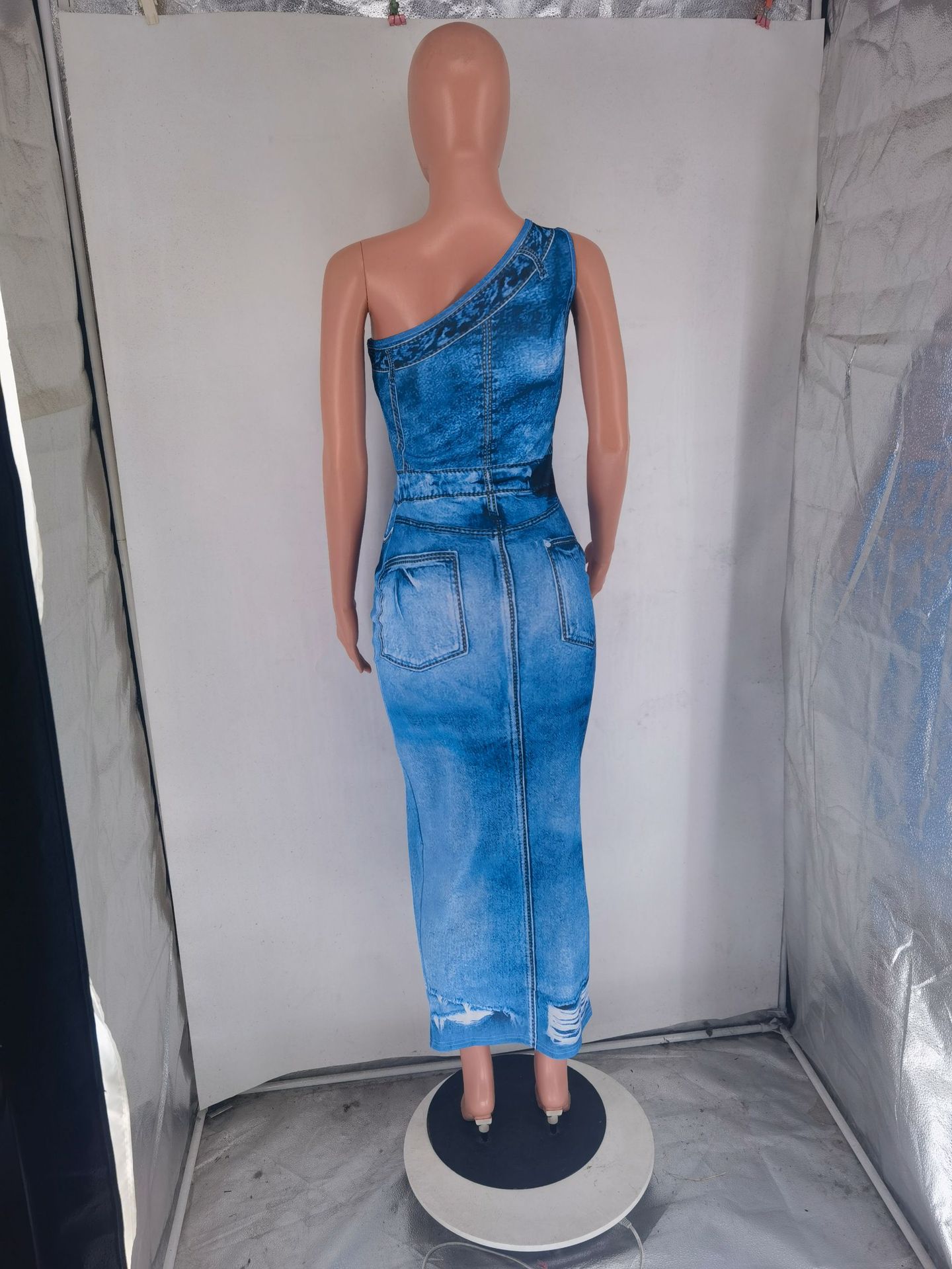 CM.YAYA Women Fake Jean 3D Printed One Shoulder Sleeveless Bodycon Midi Maxi Dress 2024 Club Sexy Party Long Dresses Vestido