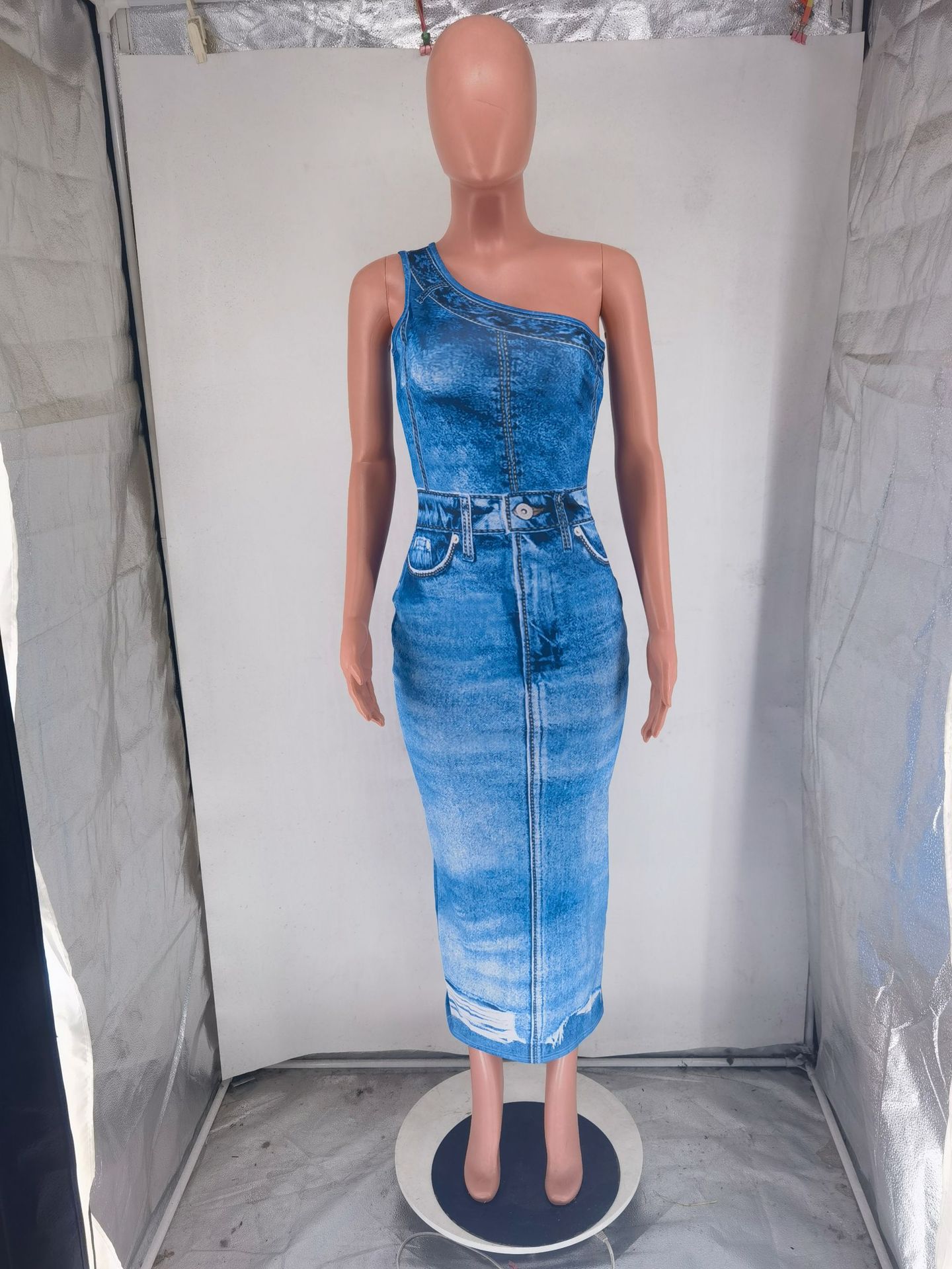 CM.YAYA Women Fake Jean 3D Printed One Shoulder Sleeveless Bodycon Midi Maxi Dress 2024 Club Sexy Party Long Dresses Vestido