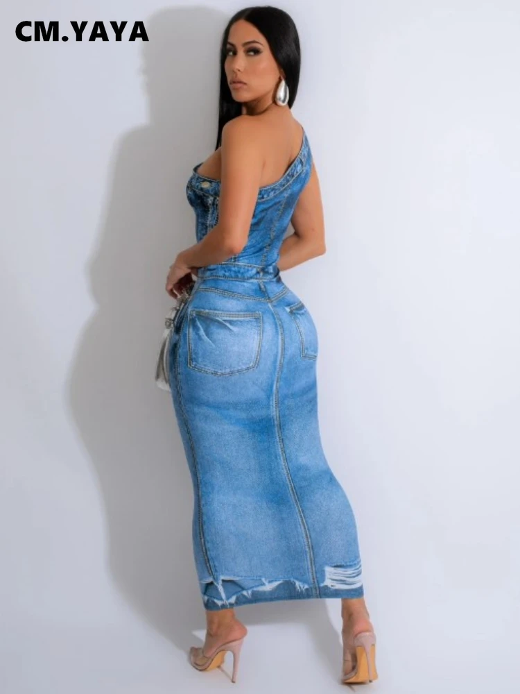 CM.YAYA Women Fake Jean 3D Printed One Shoulder Sleeveless Bodycon Midi Maxi Dress 2024 Club Sexy Party Long Dresses Vestido