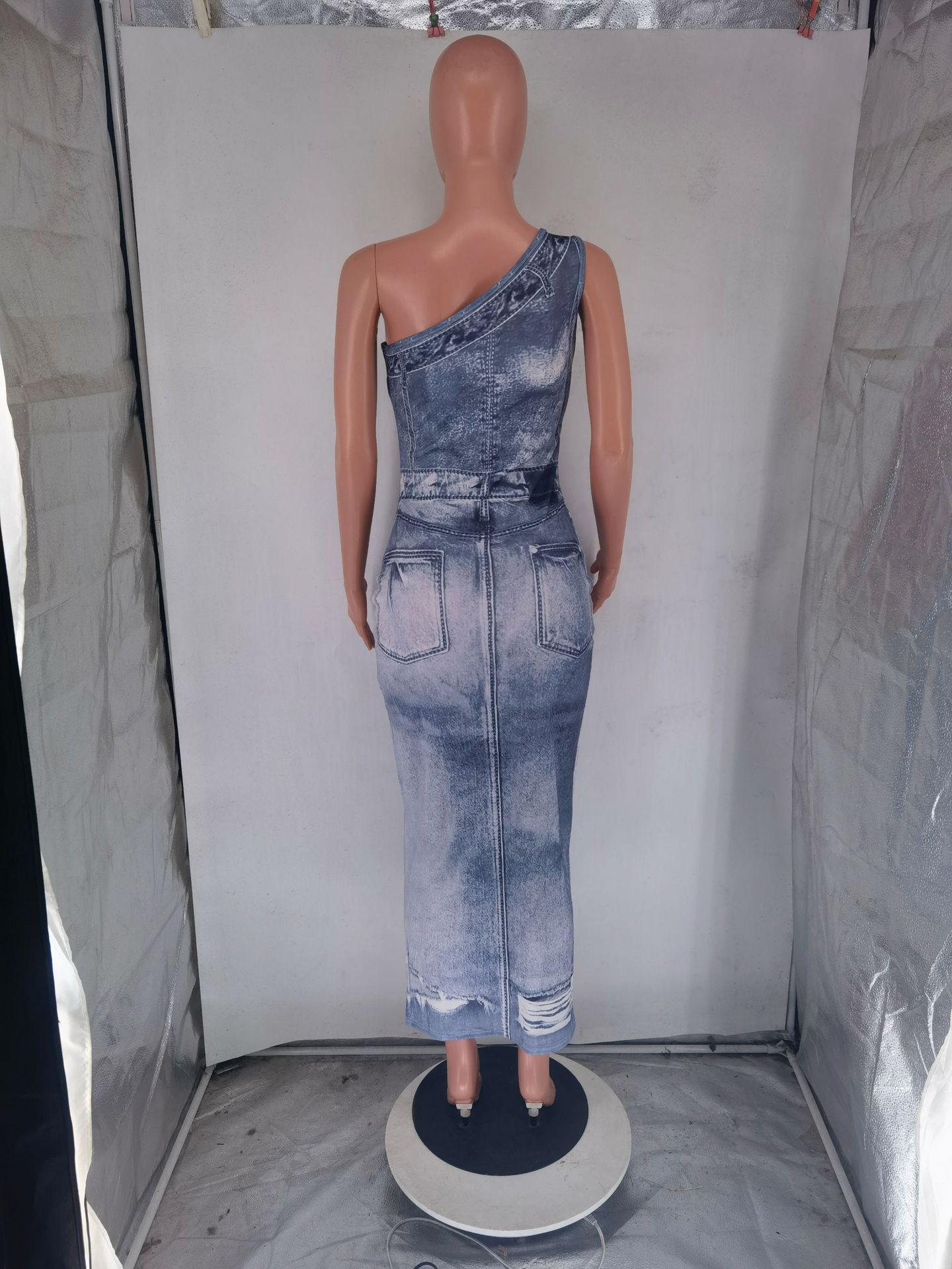 CM.YAYA Women Fake Jean 3D Printed One Shoulder Sleeveless Bodycon Midi Maxi Dress 2024 Club Sexy Party Long Dresses Vestido