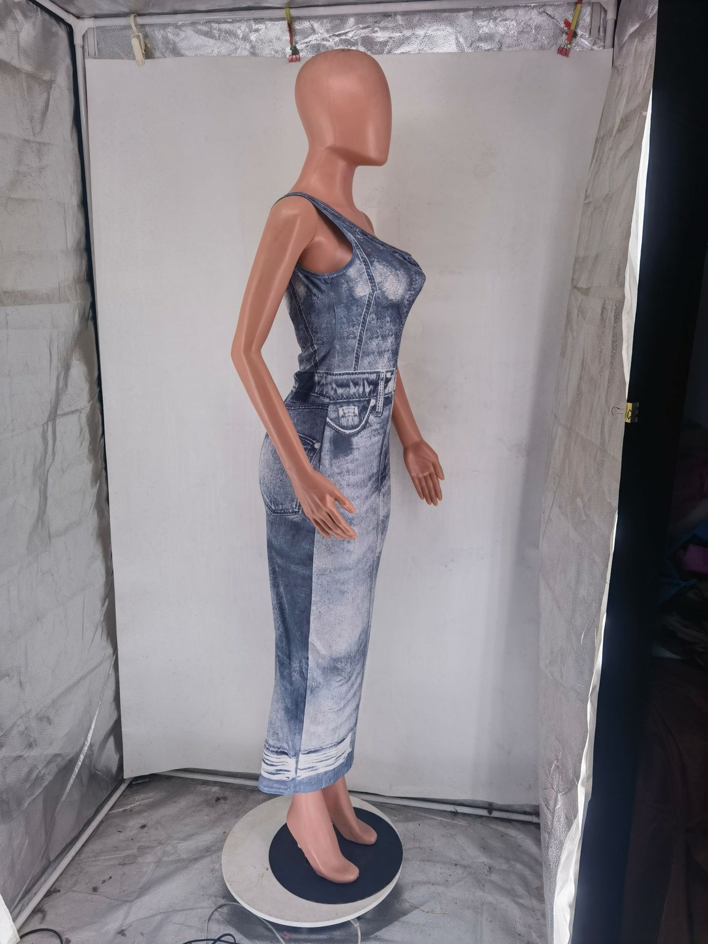CM.YAYA Women Fake Jean 3D Printed One Shoulder Sleeveless Bodycon Midi Maxi Dress 2024 Club Sexy Party Long Dresses Vestido