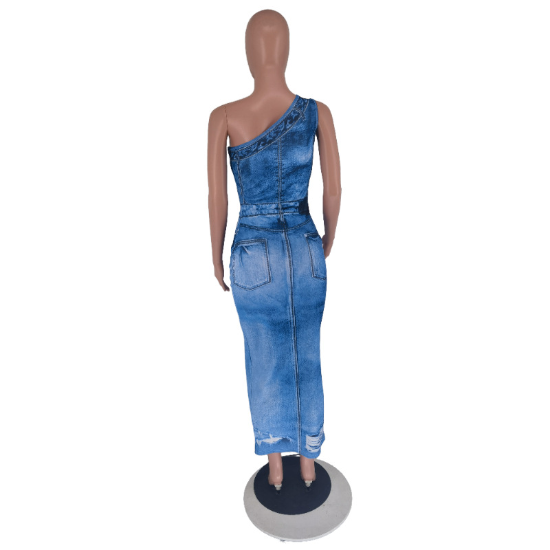 CM.YAYA Women Fake Jean 3D Printed One Shoulder Sleeveless Bodycon Midi Maxi Dress 2024 Club Sexy Party Long Dresses Vestido
