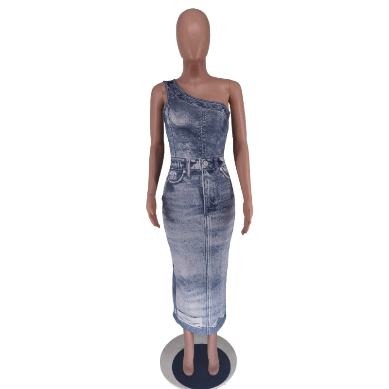 CM.YAYA Women Fake Jean 3D Printed One Shoulder Sleeveless Bodycon Midi Maxi Dress 2024 Club Sexy Party Long Dresses Vestido