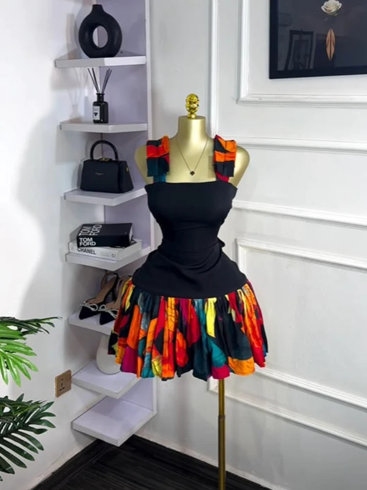 CM.YAYA Women Tie Dye Printed Patchwork Sleeveless Big Swing Bodycon Mid Mini Dress 2025 Vacation Sexy Party Evening Dresses