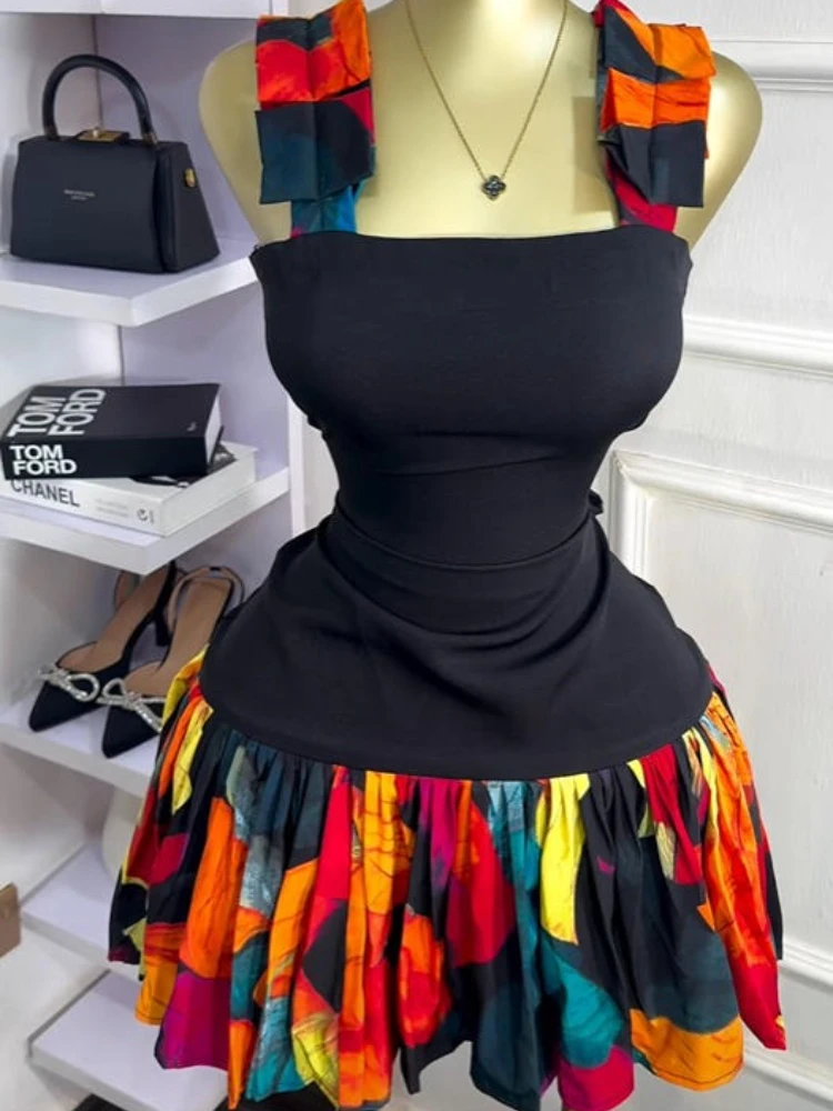 CM.YAYA Women Tie Dye Printed Patchwork Sleeveless Big Swing Bodycon Mid Mini Dress 2025 Vacation Sexy Party Evening Dresses