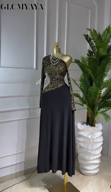 GLCMYAYA Women Full Sleeve Skew Neck Printed Maxi Long Dress 2025 Fall Bithday Evening Vacation Sexy Party Club Vestidos Dresses