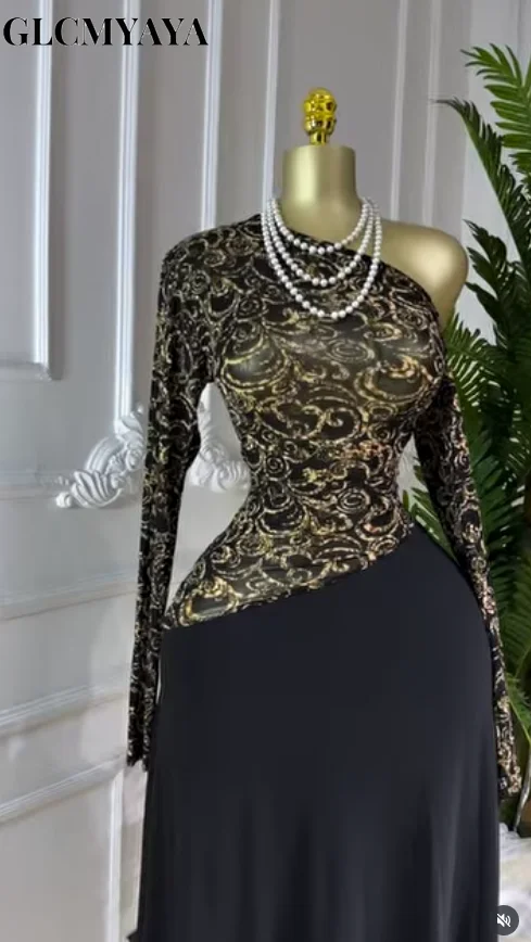 GLCMYAYA Women Full Sleeve Skew Neck Printed Maxi Long Dress 2025 Fall Bithday Evening Vacation Sexy Party Club Vestidos Dresses