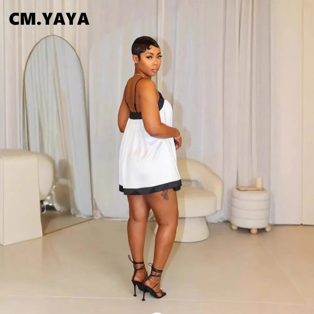 CM.YAYA Women Sleeveless Strap Satin Loose Mini Dress 2025 Summer Beach Holiday Evening Night Party Vestidos Sexy Dresses