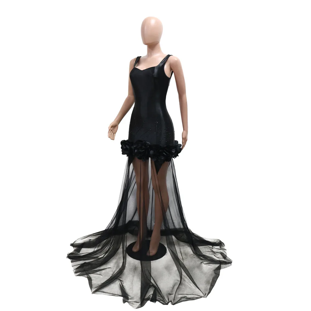 CM.YAYA Diamonds 3D Flower Mesh See Through Women Sleeveless Bodycon Long Dress Birthday Party Evening Prom Maxi Mermaid Dresses