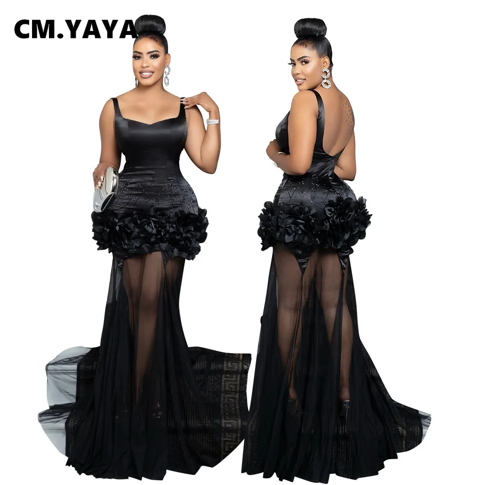 CM.YAYA Diamonds 3D Flower Mesh See Through Women Sleeveless Bodycon Long Dress Birthday Party Evening Prom Maxi Mermaid Dresses