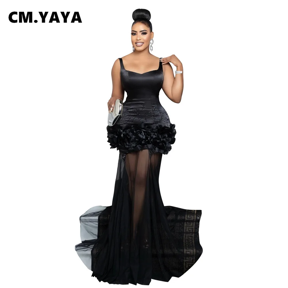 CM.YAYA Diamonds 3D Flower Mesh See Through Women Sleeveless Bodycon Long Dress Birthday Party Evening Prom Maxi Mermaid Dresses