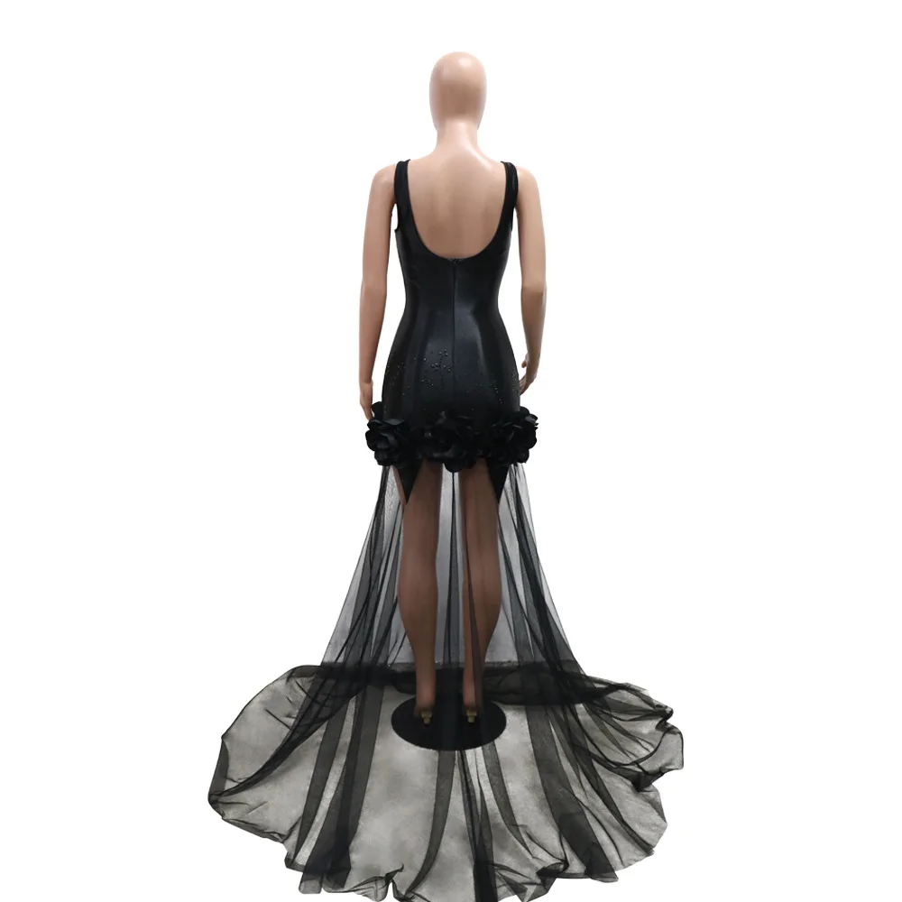 CM.YAYA Diamonds 3D Flower Mesh See Through Women Sleeveless Bodycon Long Dress Birthday Party Evening Prom Maxi Mermaid Dresses