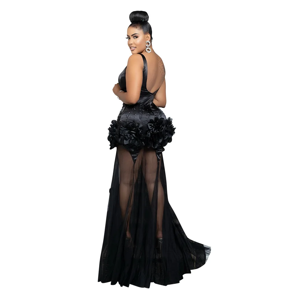 CM.YAYA Diamonds 3D Flower Mesh See Through Women Sleeveless Bodycon Long Dress Birthday Party Evening Prom Maxi Mermaid Dresses