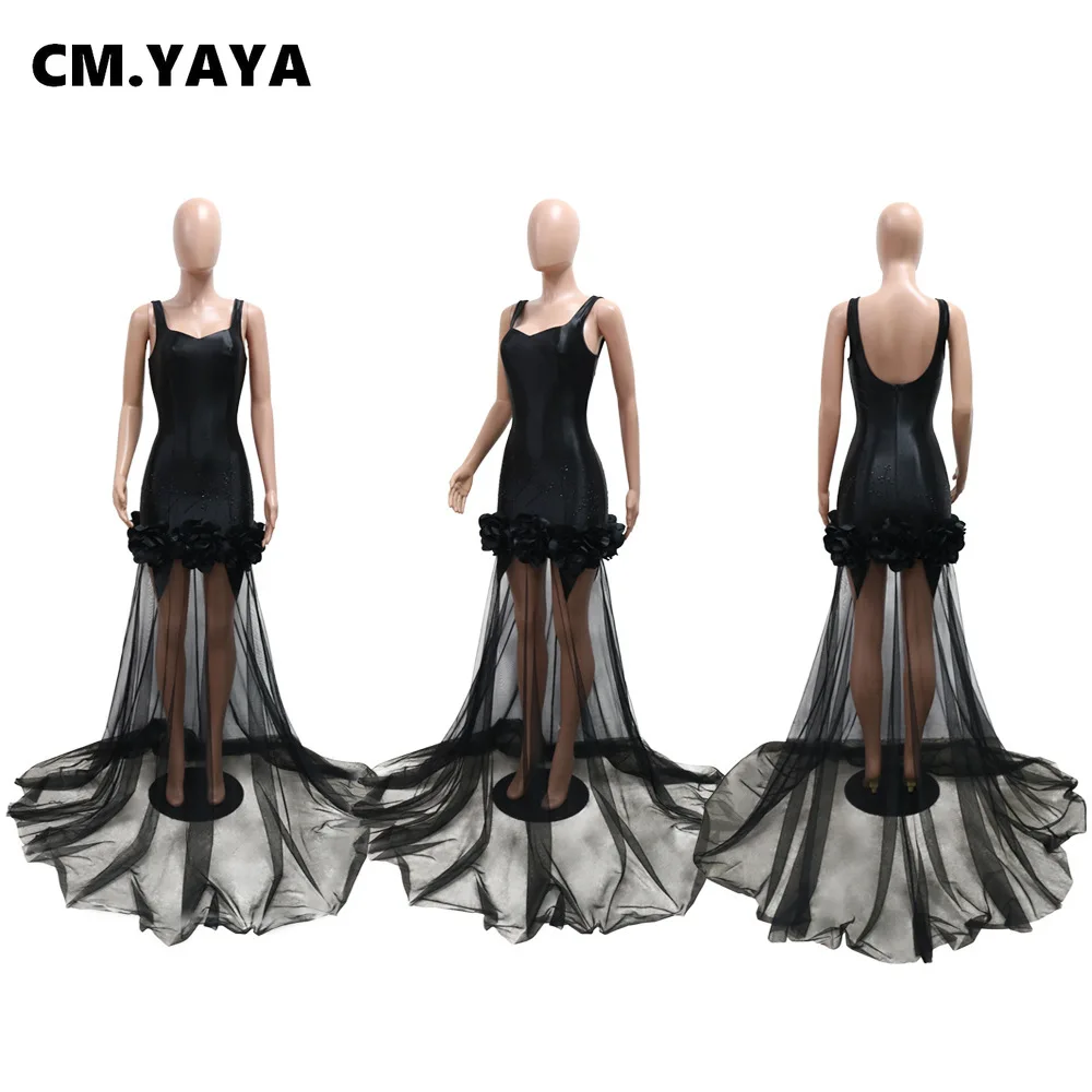 CM.YAYA Diamonds 3D Flower Mesh See Through Women Sleeveless Bodycon Long Dress Birthday Party Evening Prom Maxi Mermaid Dresses