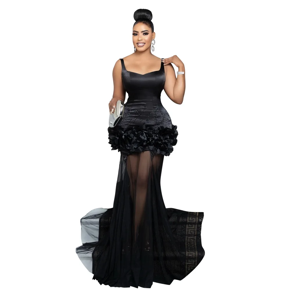 CM.YAYA Diamonds 3D Flower Mesh See Through Women Sleeveless Bodycon Long Dress Birthday Party Evening Prom Maxi Mermaid Dresses