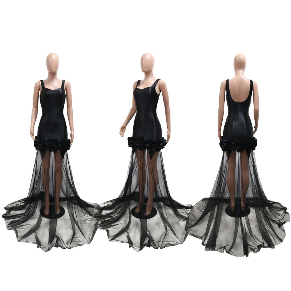 CM.YAYA Diamonds 3D Flower Mesh See Through Women Sleeveless Bodycon Long Dress Birthday Party Evening Prom Maxi Mermaid Dresses