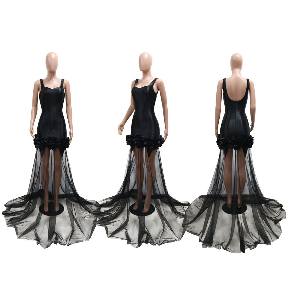 CM.YAYA Diamonds 3D Flower Mesh See Through Women Sleeveless Bodycon Long Dress Birthday Party Evening Prom Maxi Mermaid Dresses