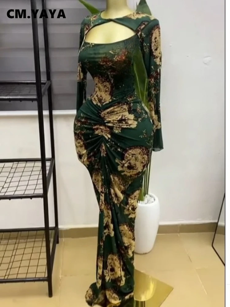 CM.YAYA Women Printed Wrap Neck Cutout Stacked Ruched Midi Bodycon Mermaid Maxi Dress Sexy Parties Birthday Holiday Long Dresses