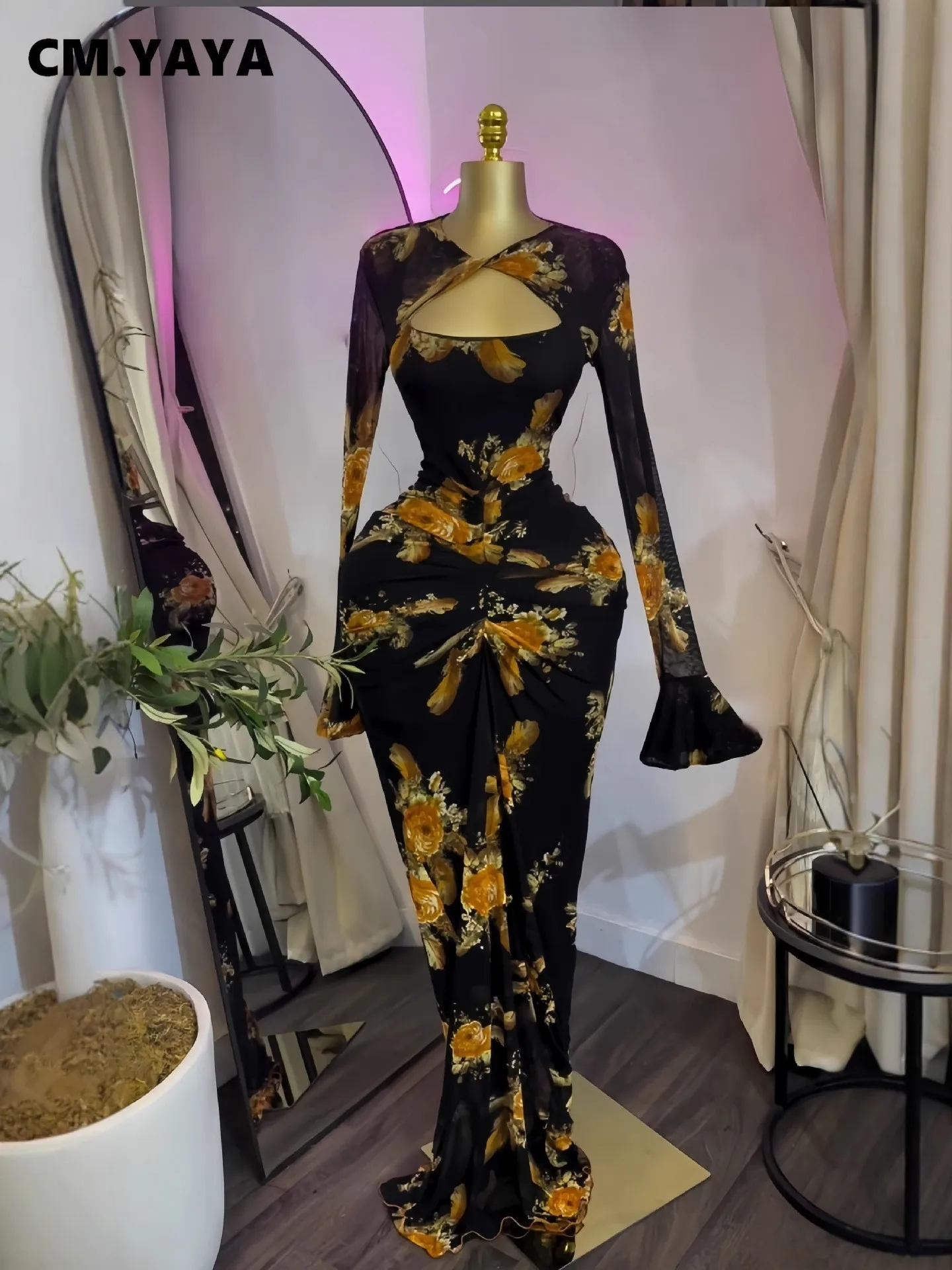 CM.YAYA Women Printed Wrap Neck Cutout Stacked Ruched Midi Bodycon Mermaid Maxi Dress Sexy Parties Birthday Holiday Long Dresses