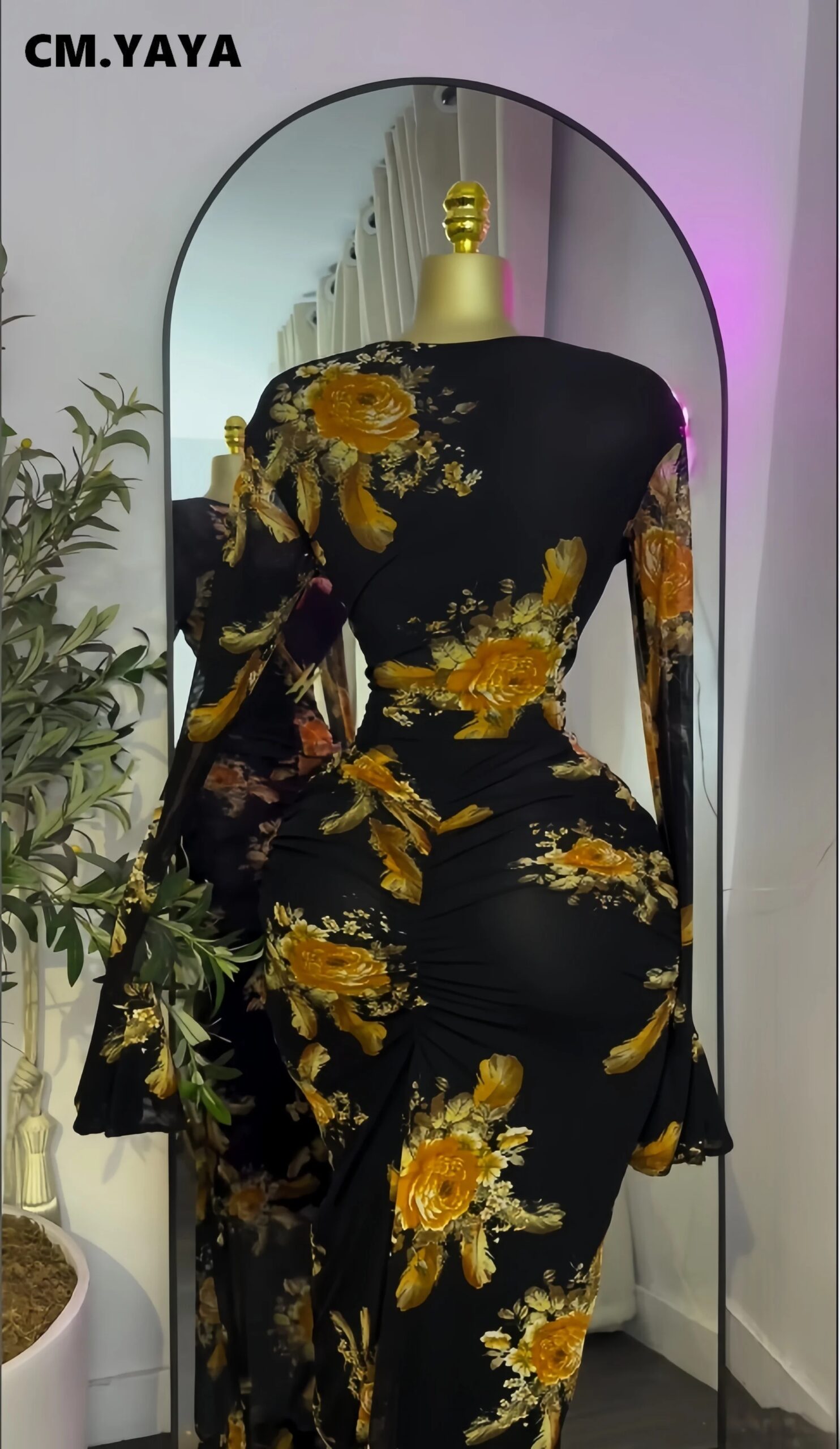 CM.YAYA Women Printed Wrap Neck Cutout Stacked Ruched Midi Bodycon Mermaid Maxi Dress Sexy Parties Birthday Holiday Long Dresses