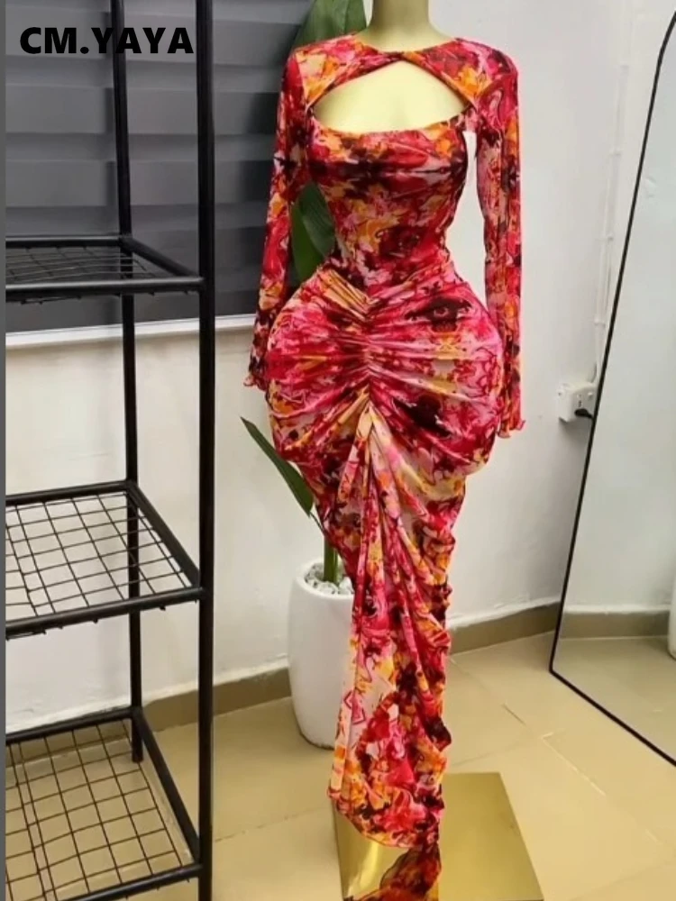 CM.YAYA Women Printed Wrap Neck Cutout Stacked Ruched Midi Bodycon Mermaid Maxi Dress Sexy Parties Birthday Holiday Long Dresses