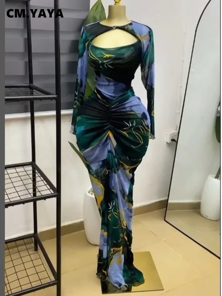CM.YAYA Women Printed Wrap Neck Cutout Stacked Ruched Midi Bodycon Mermaid Maxi Dress Sexy Parties Birthday Holiday Long Dresses