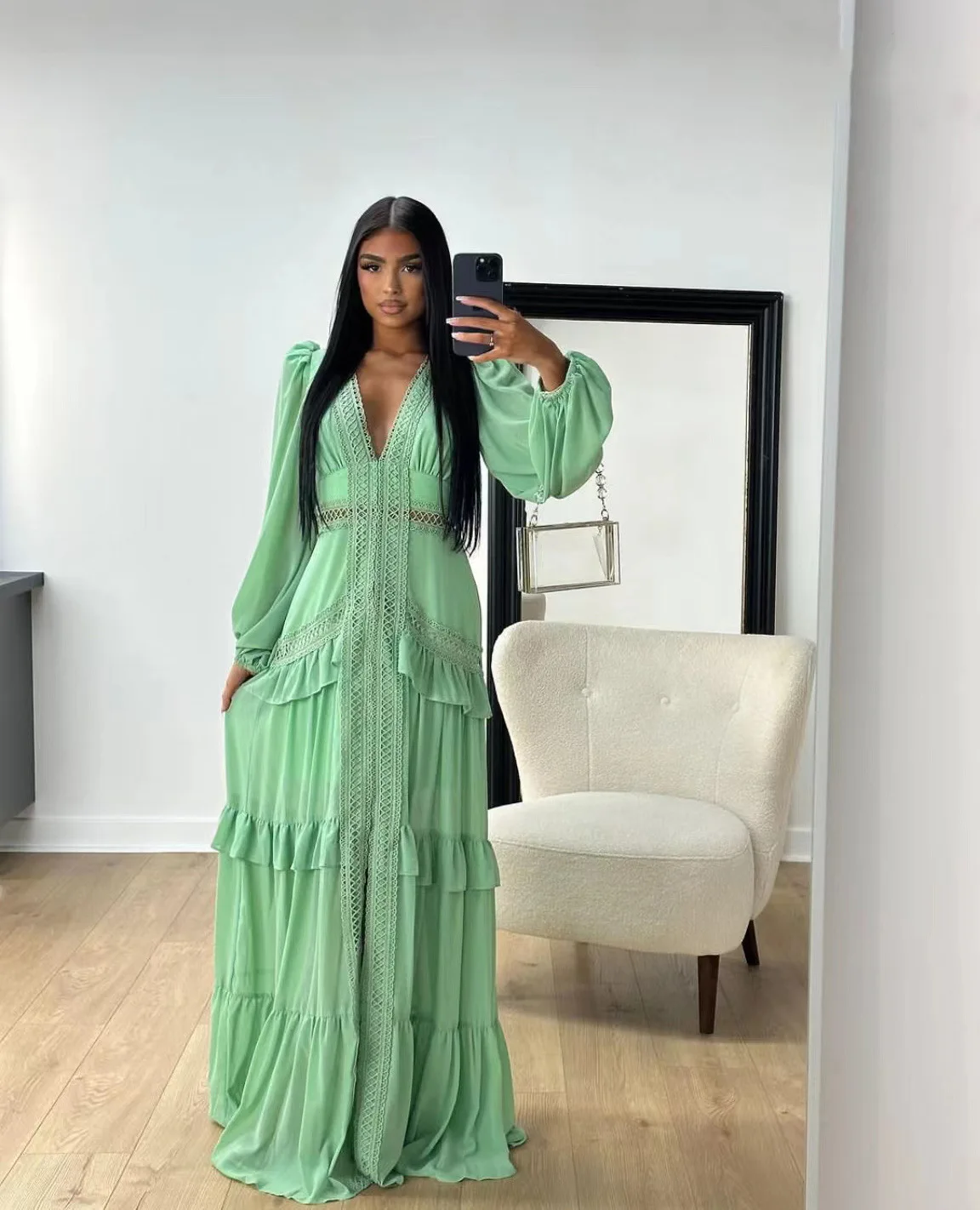 CM.YAYA Women V-neck Full Sleeve Ruffles Lace Long Maxi Dress 2025 Spring Beach Holiday Party Sexy Street Vestidos Sexy Dresses