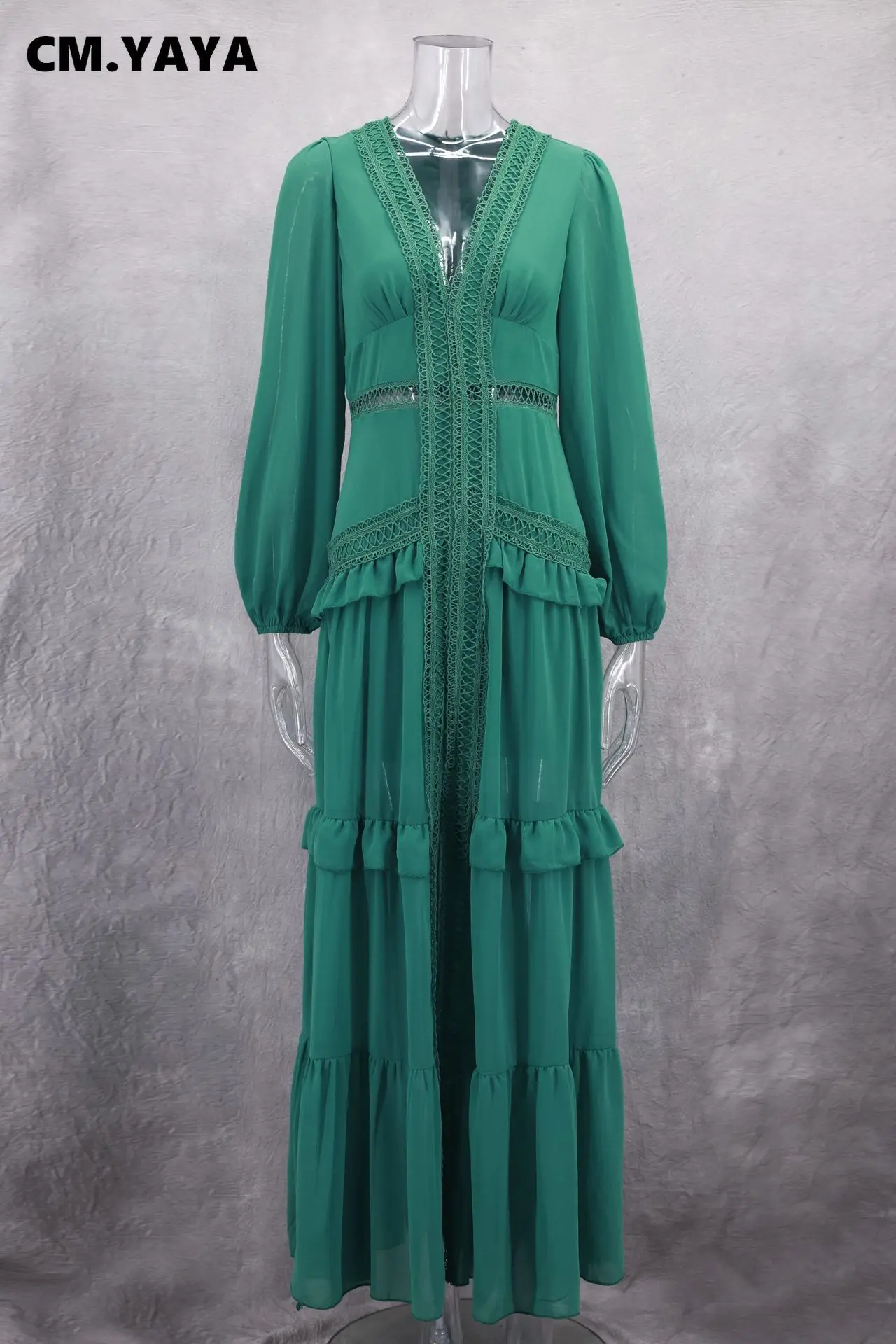 CM.YAYA Women V-neck Full Sleeve Ruffles Lace Long Maxi Dress 2025 Spring Beach Holiday Party Sexy Street Vestidos Sexy Dresses CM.YAYA Women V-neck Full Sleeve Ruffles Lace Long Maxi Dress 2025 Spring Beach Holiday Party Sexy Street Vestidos Sexy Dresses