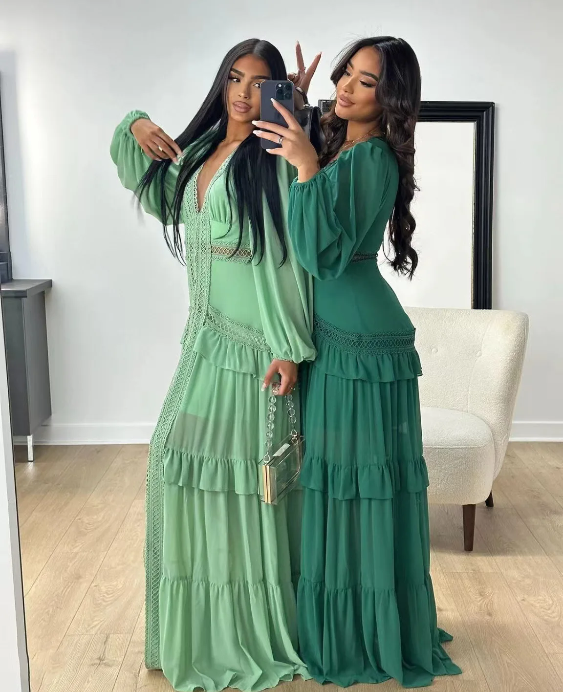 CM.YAYA Women V-neck Full Sleeve Ruffles Lace Long Maxi Dress 2025 Spring Beach Holiday Party Sexy Street Vestidos Sexy Dresses