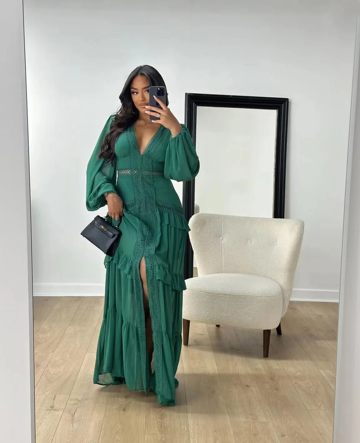 CM.YAYA Women V-neck Full Sleeve Ruffles Lace Long Maxi Dress 2025 Spring Beach Holiday Party Sexy Street Vestidos Sexy Dresses