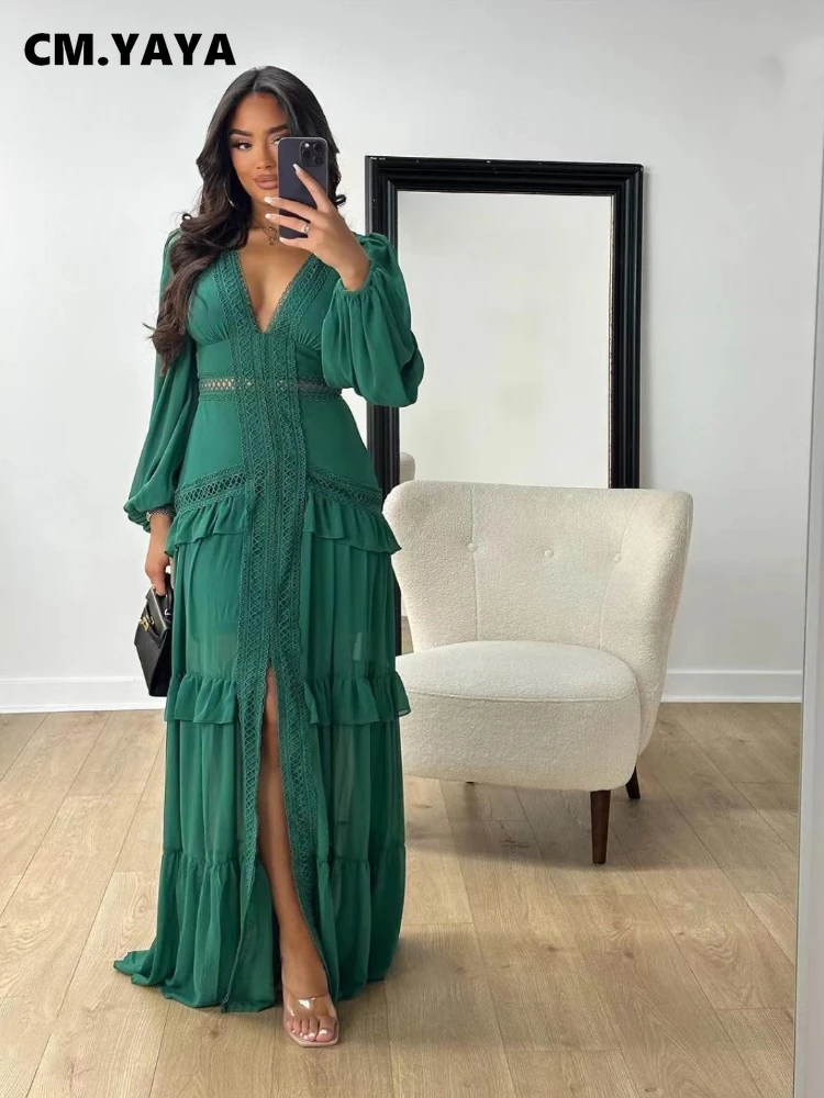 CM.YAYA Women V-neck Full Sleeve Ruffles Lace Long Maxi Dress 2025 Spring Beach Holiday Party Sexy Street Vestidos Sexy Dresses CM.YAYA Women V-neck Full Sleeve Ruffles Lace Long Maxi Dress 2025 Spring Beach Holiday Party Sexy Street Vestidos Sexy Dresses