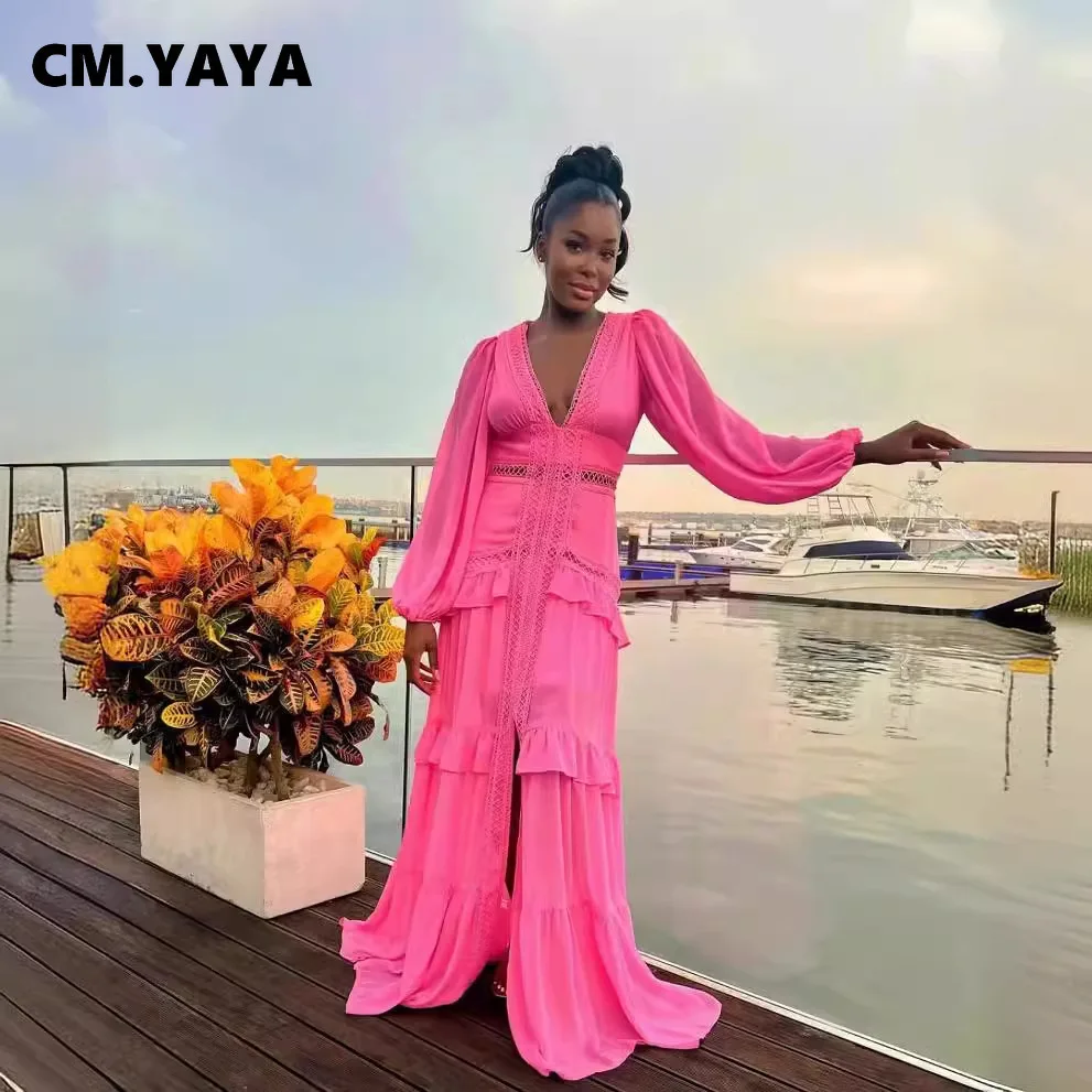 CM.YAYA Women V-neck Full Sleeve Ruffles Lace Long Maxi Dress 2025 Spring Beach Holiday Party Sexy Street Vestidos Sexy Dresses CM.YAYA Women V-neck Full Sleeve Ruffles Lace Long Maxi Dress 2025 Spring Beach Holiday Party Sexy Street Vestidos Sexy Dresses