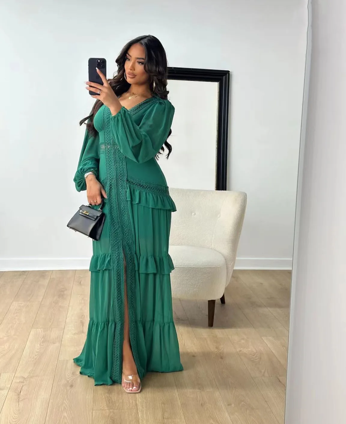 CM.YAYA Women V-neck Full Sleeve Ruffles Lace Long Maxi Dress 2025 Spring Beach Holiday Party Sexy Street Vestidos Sexy Dresses