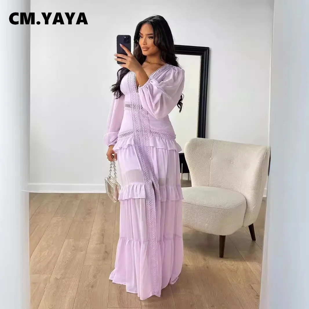 CM.YAYA Women V-neck Full Sleeve Ruffles Lace Long Maxi Dress 2025 Spring Beach Holiday Party Sexy Street Vestidos Sexy Dresses CM.YAYA Women V-neck Full Sleeve Ruffles Lace Long Maxi Dress 2025 Spring Beach Holiday Party Sexy Street Vestidos Sexy Dresses