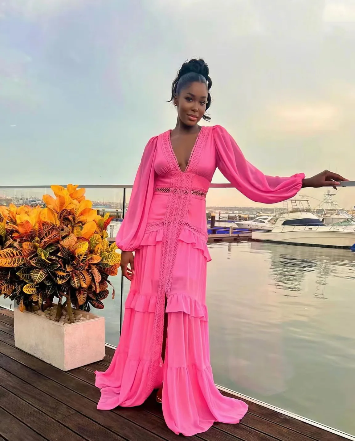 CM.YAYA Women V-neck Full Sleeve Ruffles Lace Long Maxi Dress 2025 Spring Beach Holiday Party Sexy Street Vestidos Sexy Dresses CM.YAYA Women V-neck Full Sleeve Ruffles Lace Long Maxi Dress 2025 Spring Beach Holiday Party Sexy Street Vestidos Sexy Dresses