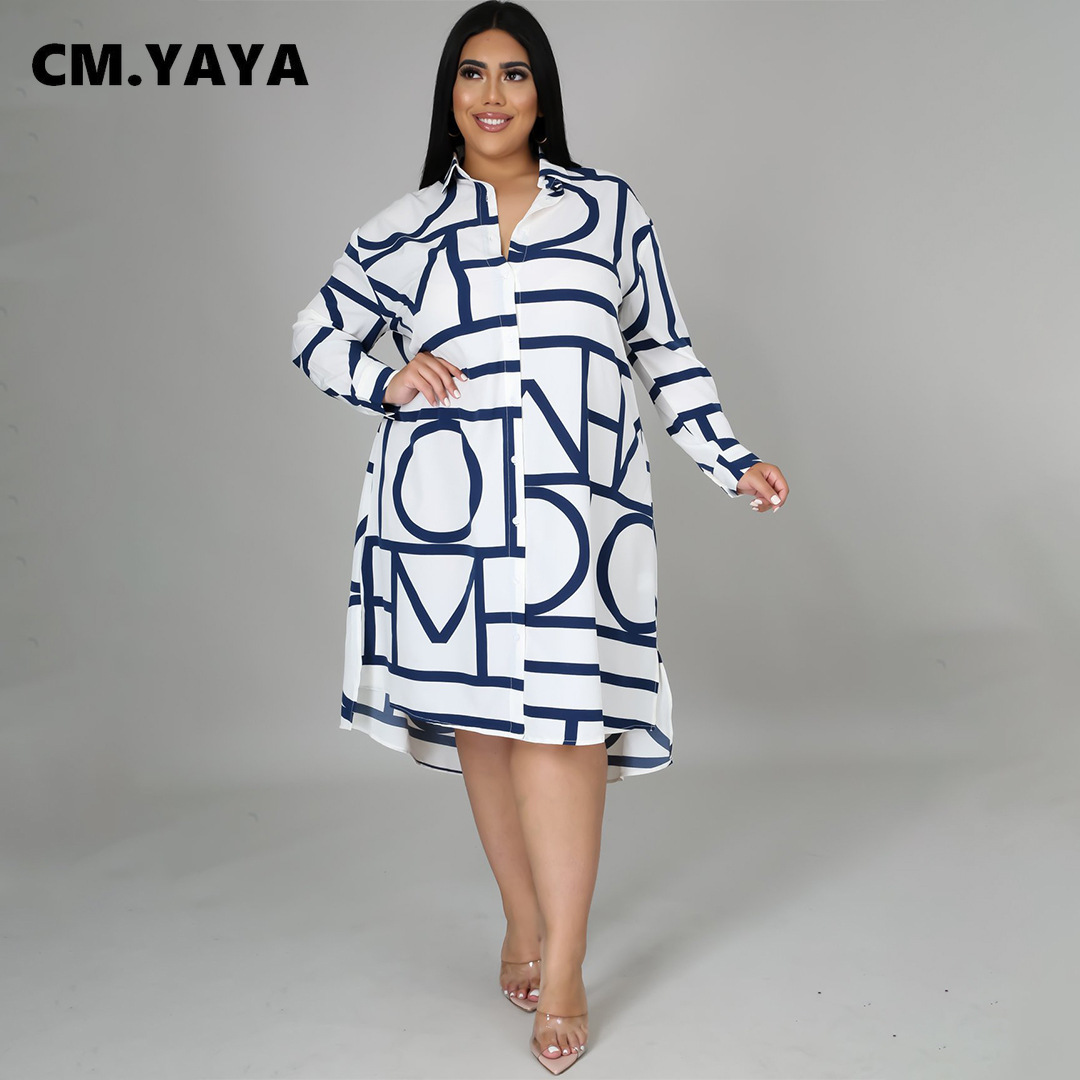 CM.YAYA Women Plus Size Dress Print Full Sleeve Single Breasted Loose Straight Knee Length Dresses Fashion Casual Outfit Summer CM.YAYA Women Plus Size Dress Print Full Sleeve Single Breasted Loose Straight Knee Length Dresses Fashion Casual Outfit Summer